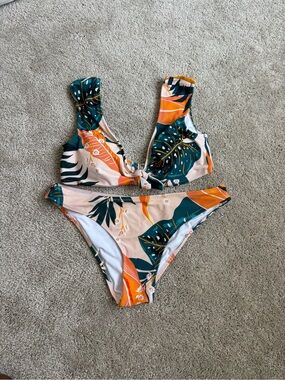 Cupshe Tropical Knot-Front Bikini - Teal, Peach & Orange